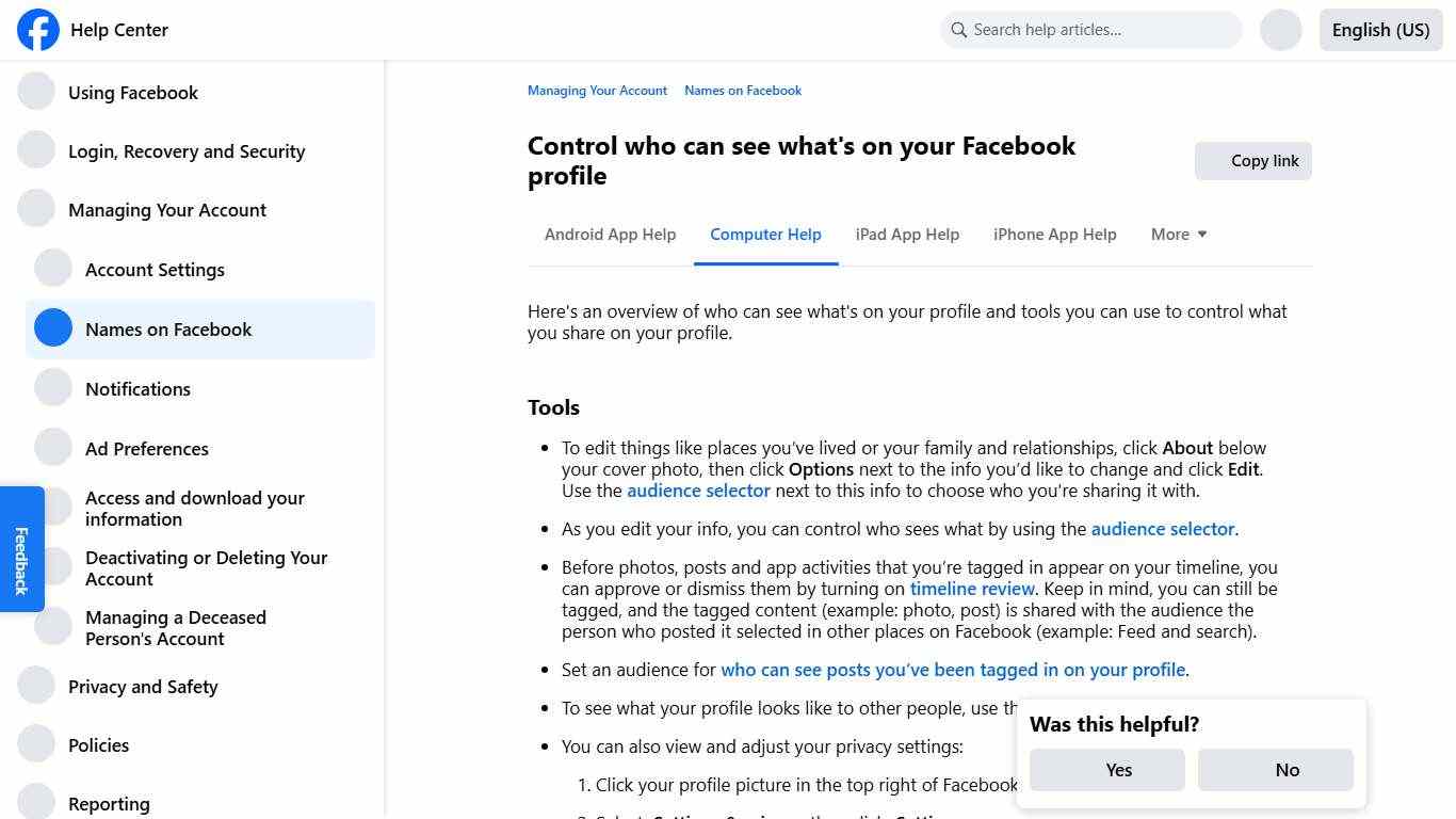 Control who can see what's on your Facebook profile Facebook Help Center